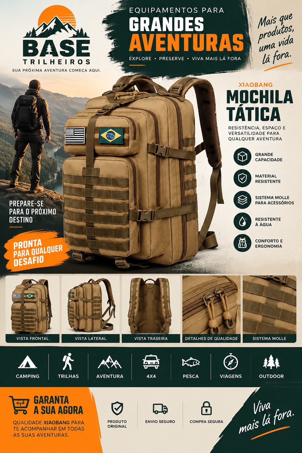 Campanha de referência Base Trilheiros: equipamentos para grandes aventuras, com mochila e paisagem de montanha